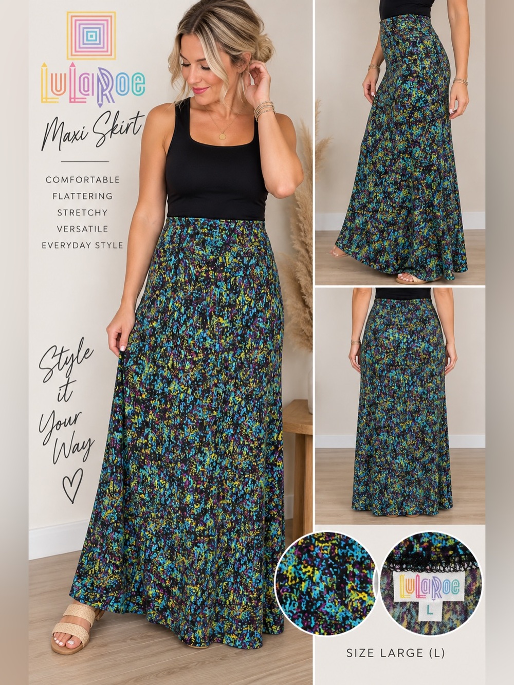 NWT LuLaRoe Maxi Skirt Large L Multicolor Abstract Print Stretch Boho
